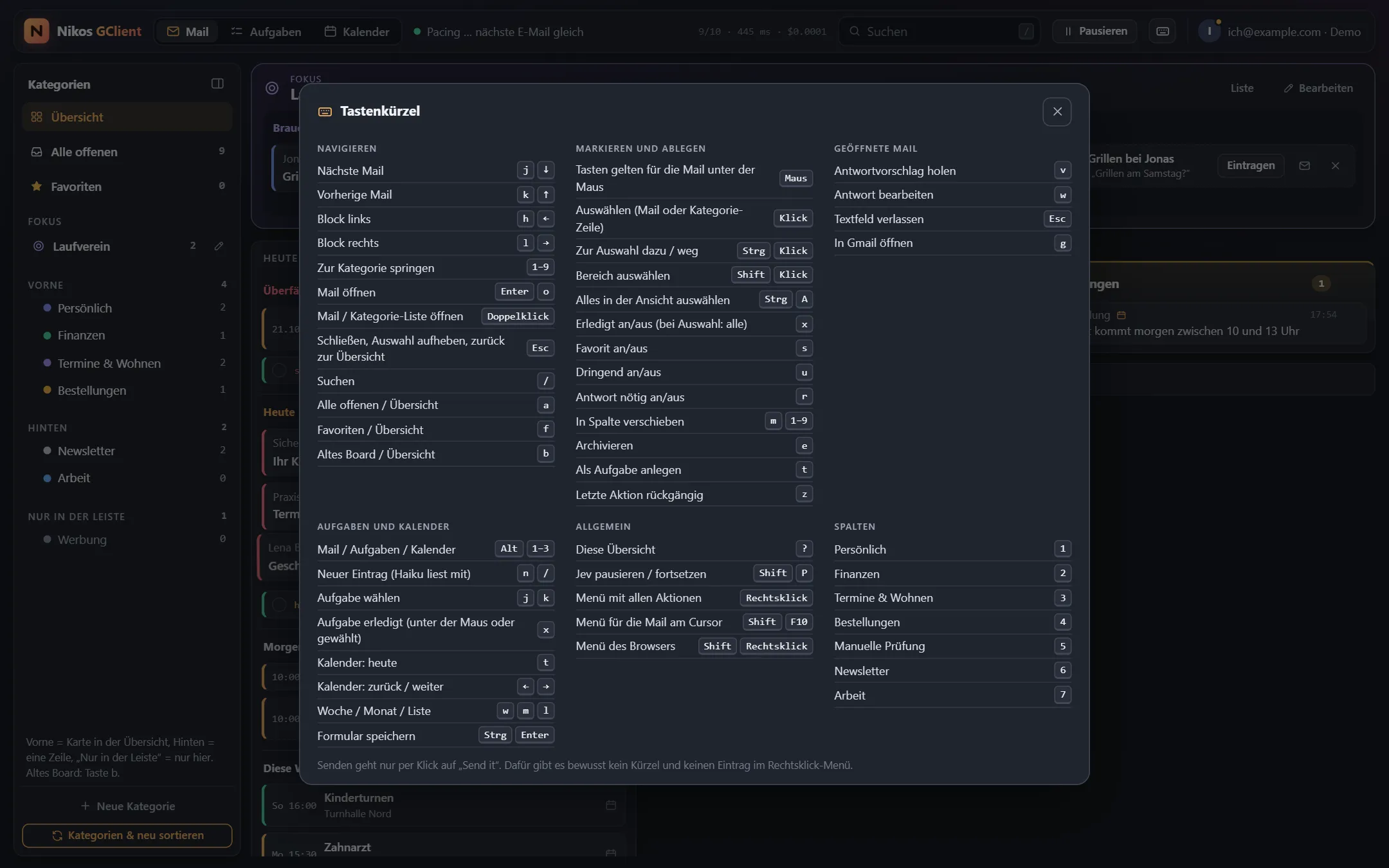 The shortcut overview, opened with the question mark key.
